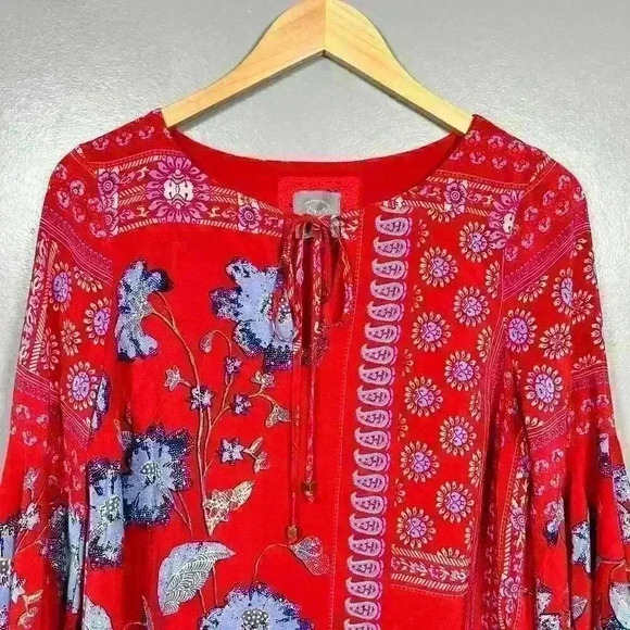 VANESSA VIRGINIA Red Bell Sleeve 100% Silk Peasant Dress Flowy Relaxed Women 4P - Picture 2 of 12